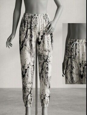 Marble-Print Drawstring Jogger Pants - White/Black (Sz S/M) Elastic Waist Flowy